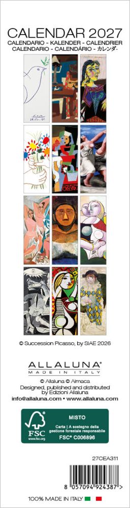 Calendar cover with various artistic illustrations and Allaluna branding