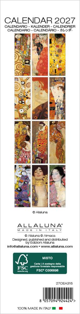 Calendar cover with Gustav Klimt artwork featuring the brand 'Allaluna'.