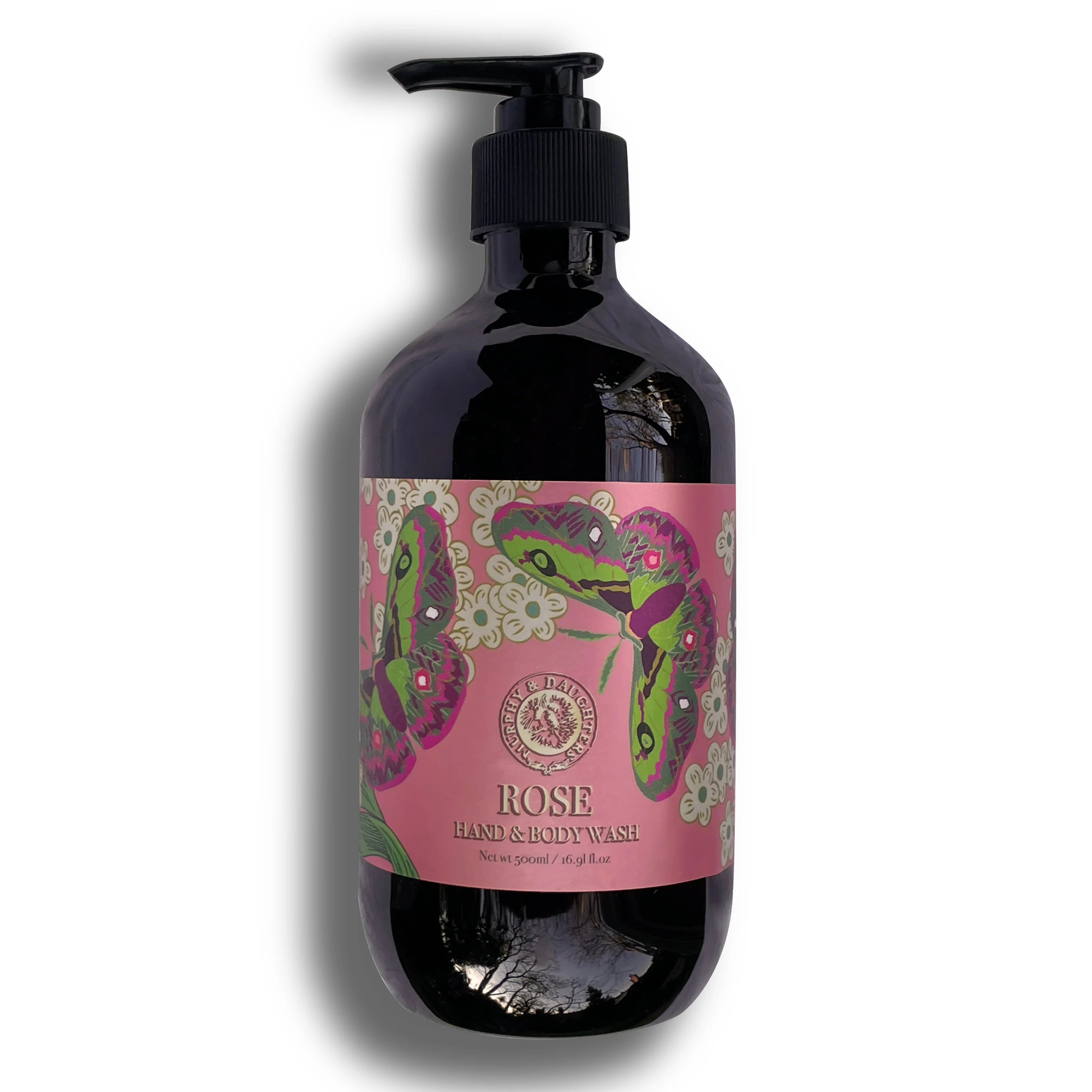 A pump bottle of rose hand wash with a pink label