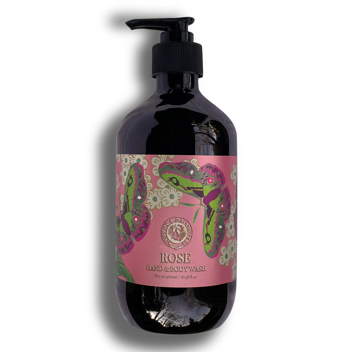 A pump bottle of rose hand wash with a pink label