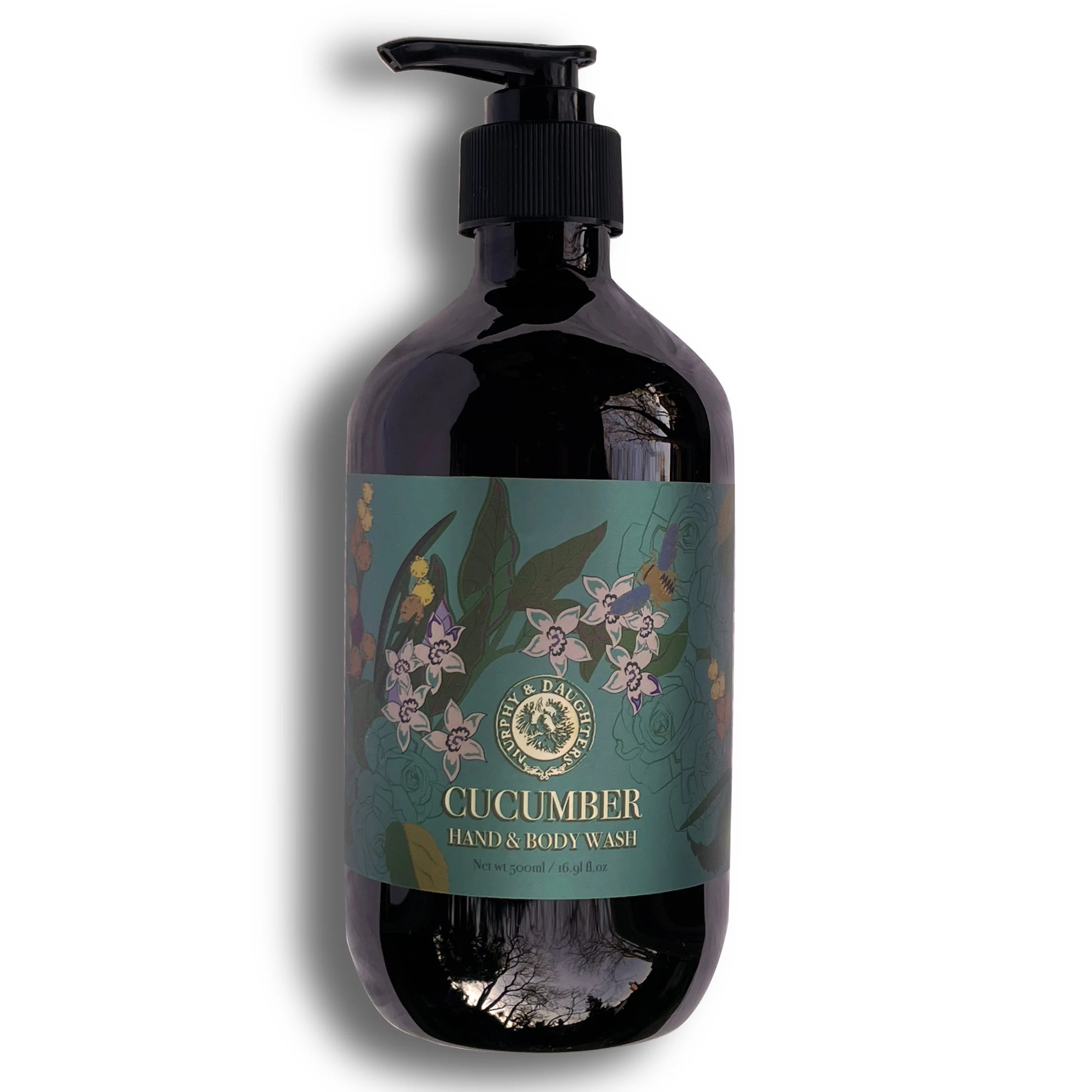 A pump bottle of cucumber body wash with a floral green label