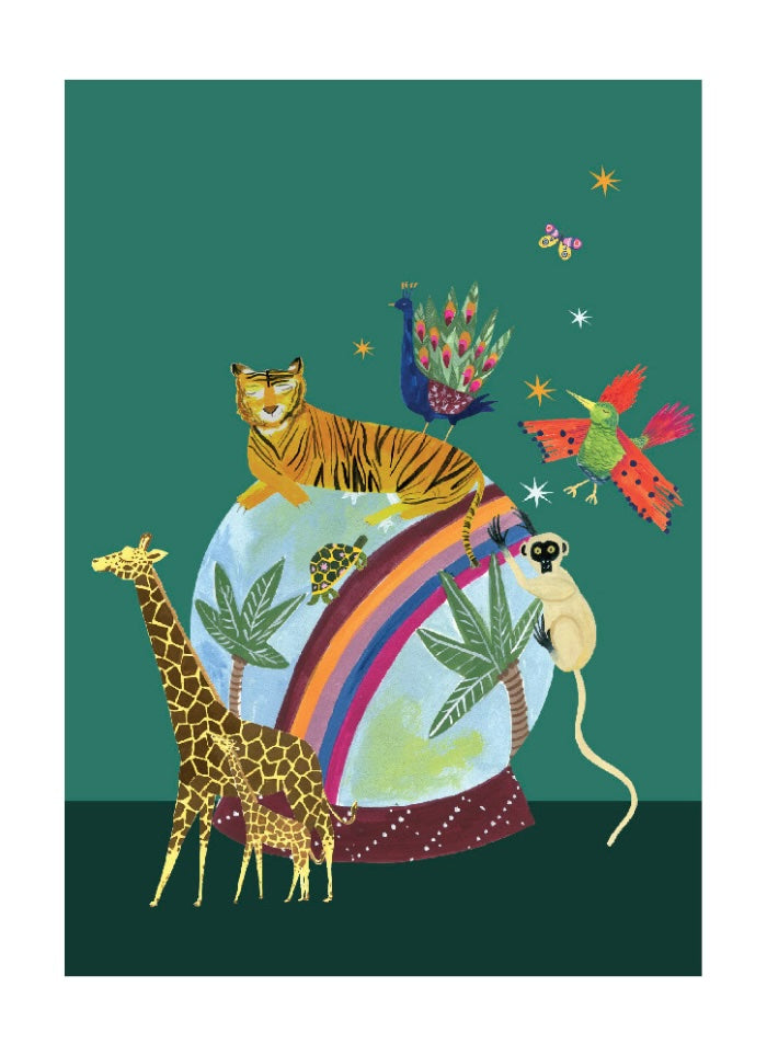 Colorful illustration of animals around a crystal ball with a rainbow on a green background