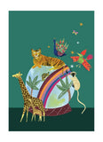 Colorful illustration of animals around a crystal ball with a rainbow on a green background