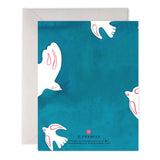 Greeting card with white doves on a blue background, featuring the brand 'E. Frances'.
