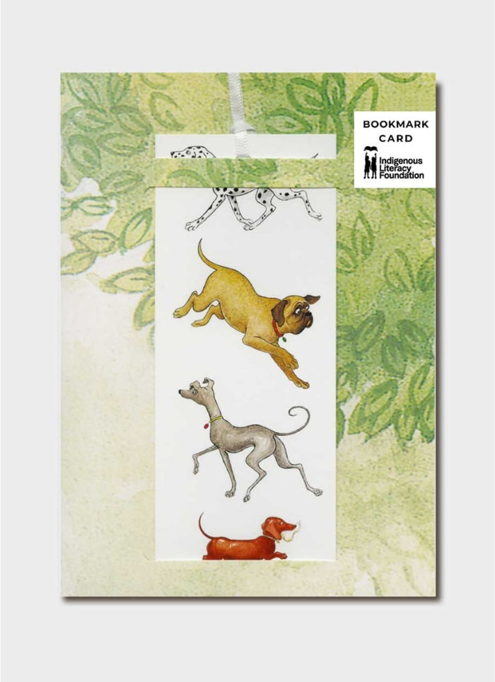 Bookmark card with illustrations of dogs on a green and white background