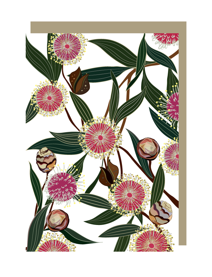 Greeting card with floral design featuring pink flowers and green leaves on a white background.