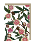 Greeting card with floral design featuring pink flowers and green leaves on a white background.