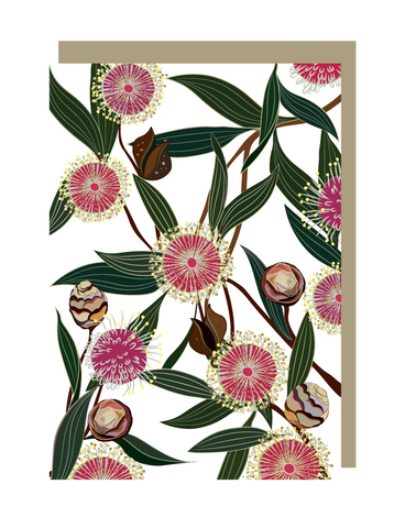 Greeting card with floral design featuring pink flowers and green leaves on a white background.