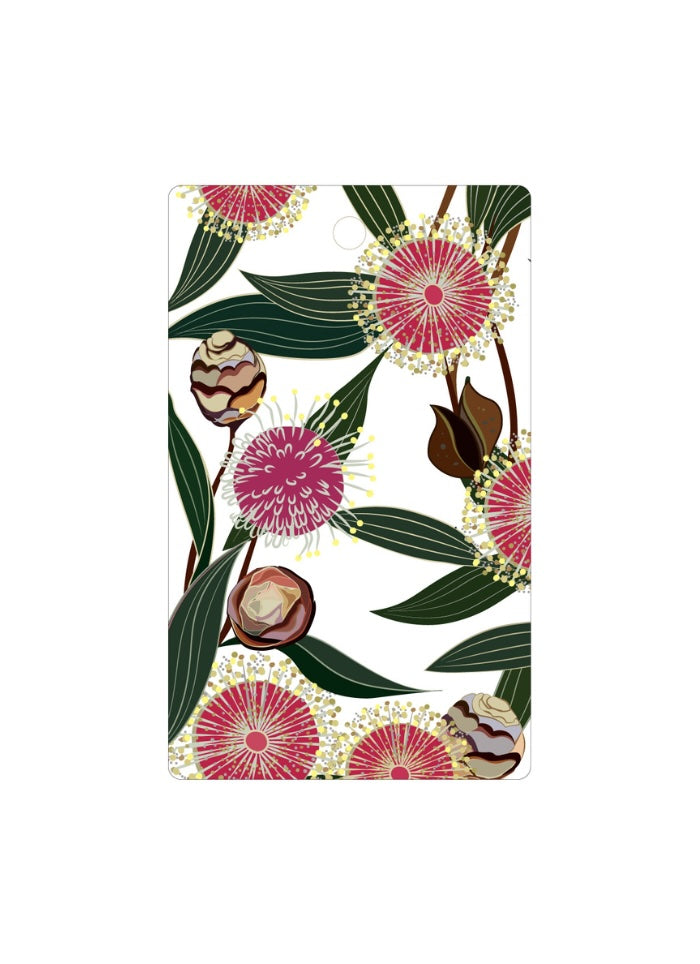 Gift tag with floral design featuring pink flowers and green leaves on a white background