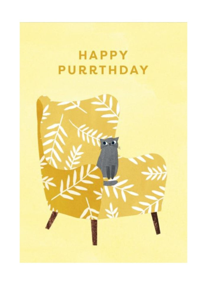 Card with a cat on a yellow chair and 'Happy Purrthday' text on a yellow background