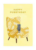 Card with a cat on a yellow chair and 'Happy Purrthday' text on a yellow background