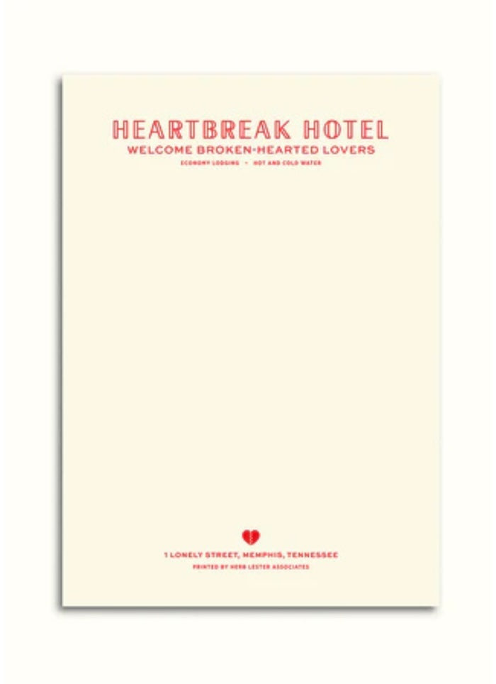 Invitation card for 'Heartbreak Hotel' with text and a heart symbol on a white background
