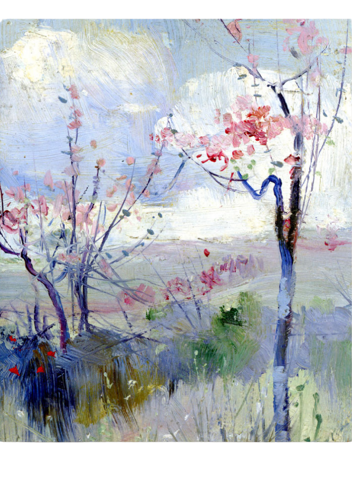 Art Card -  Charles Conder's Herrick's Blossoms. An impressionistic landscape painting featuring flowering trees with pink blossoms under a pale blue and white sky, rendered in soft brushstrokes of blue, pink, green, and gray.