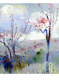 Art Card -  Charles Conder's Herrick's Blossoms. An impressionistic landscape painting featuring flowering trees with pink blossoms under a pale blue and white sky, rendered in soft brushstrokes of blue, pink, green, and gray.