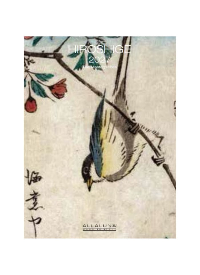 Book cover with a bird illustration and 'Hiroshige 2027' text, featuring Allaluna branding.