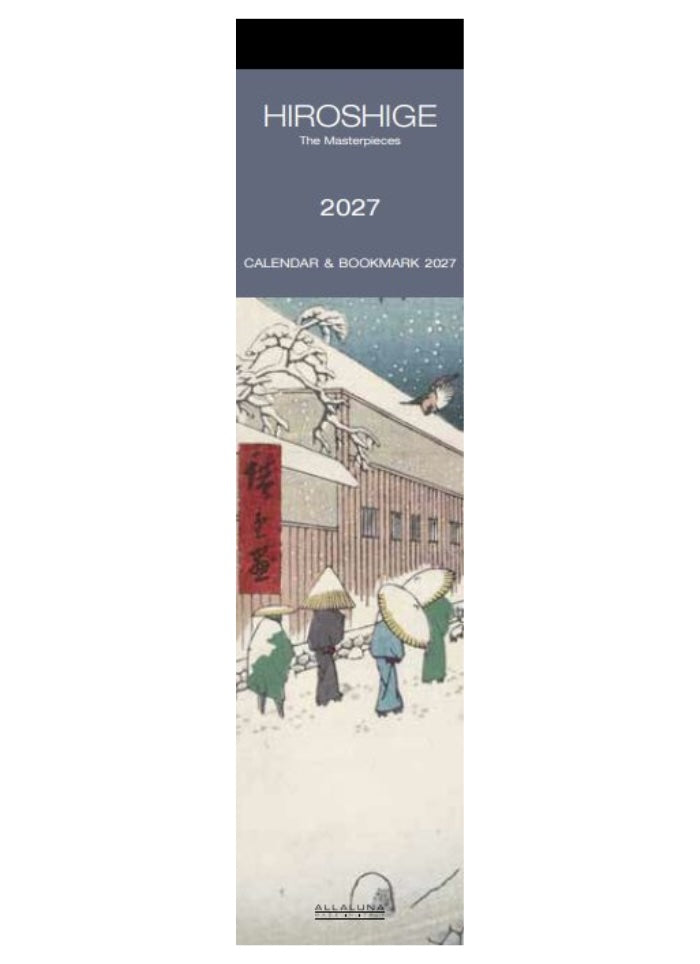 Hiroshige 2027 calendar and bookmark with Japanese art design on a white background