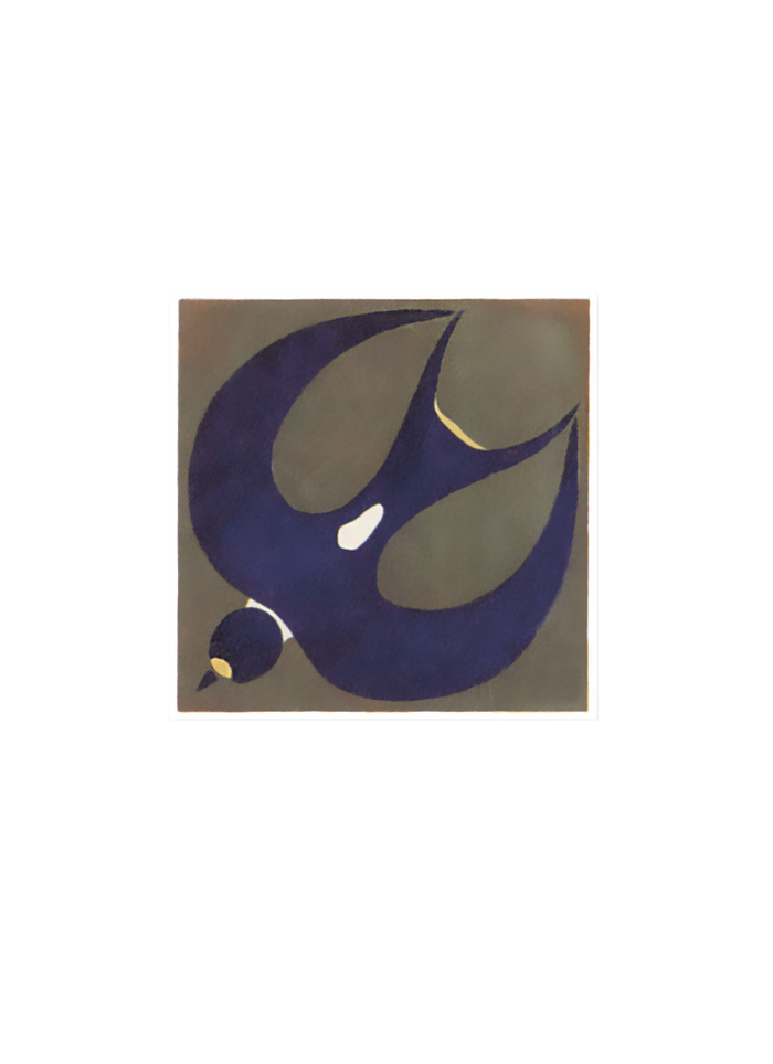A square art print featuring a stylized swallow in deep navy blue with small white and gold accents, set against a muted olive-brown background, centered on a plain white canvas.