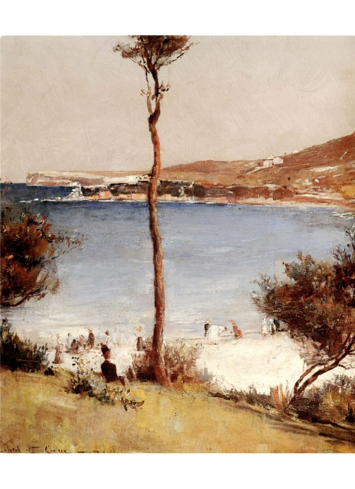 Painting of people on a beach with a tall thin tree in the centre and hills in the background Holiday Sketch at Coogee by Tom Roberts - card.