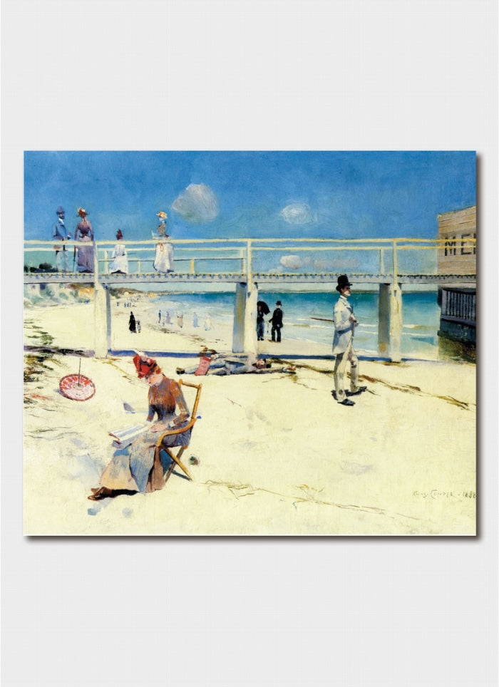 A beach scene with a bridge in the background and people on chairs