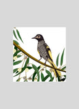 Bird perched on a branch with leaves and flowers in the background