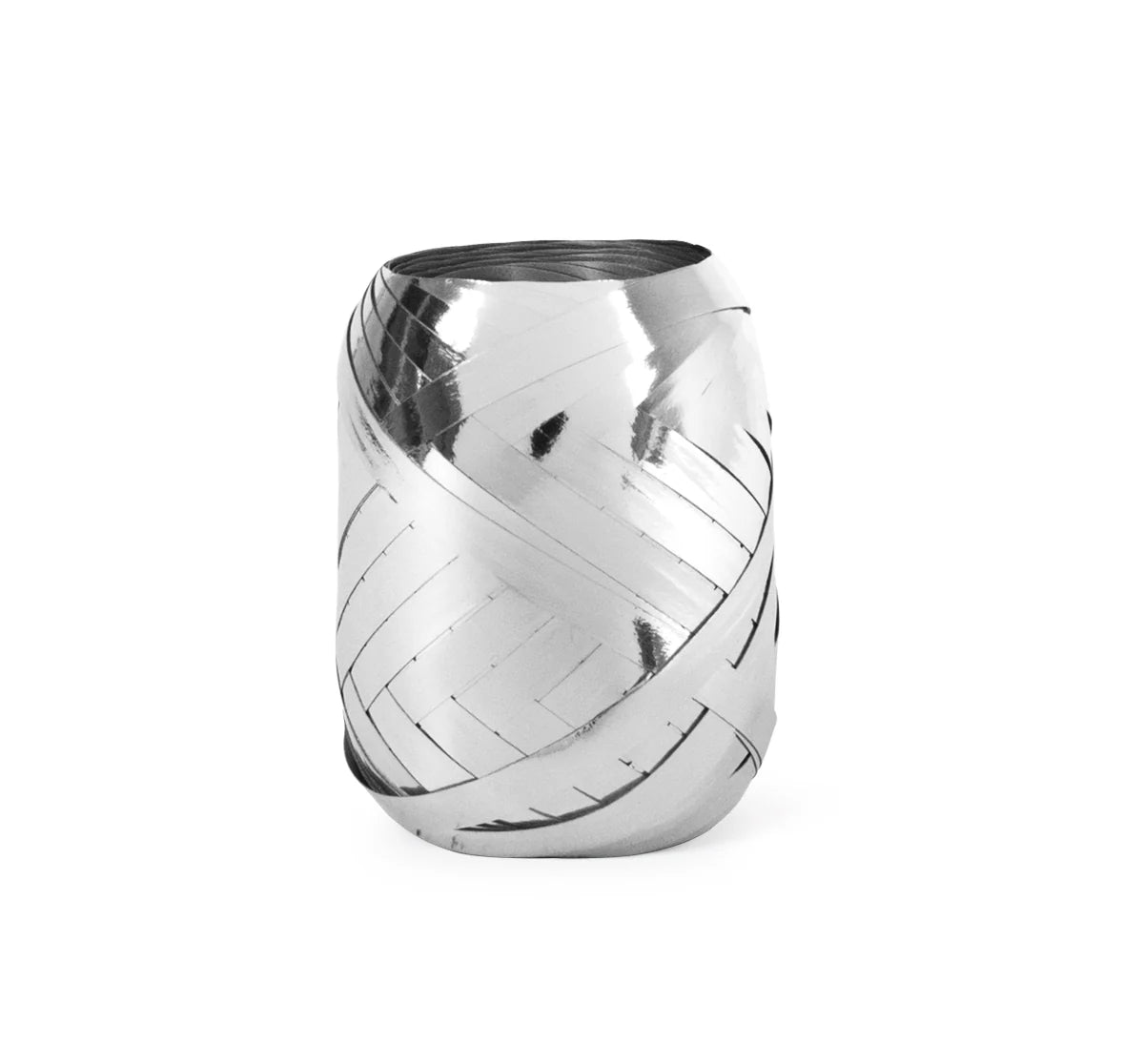 Silver metalic ribbon in a roll on a white background.