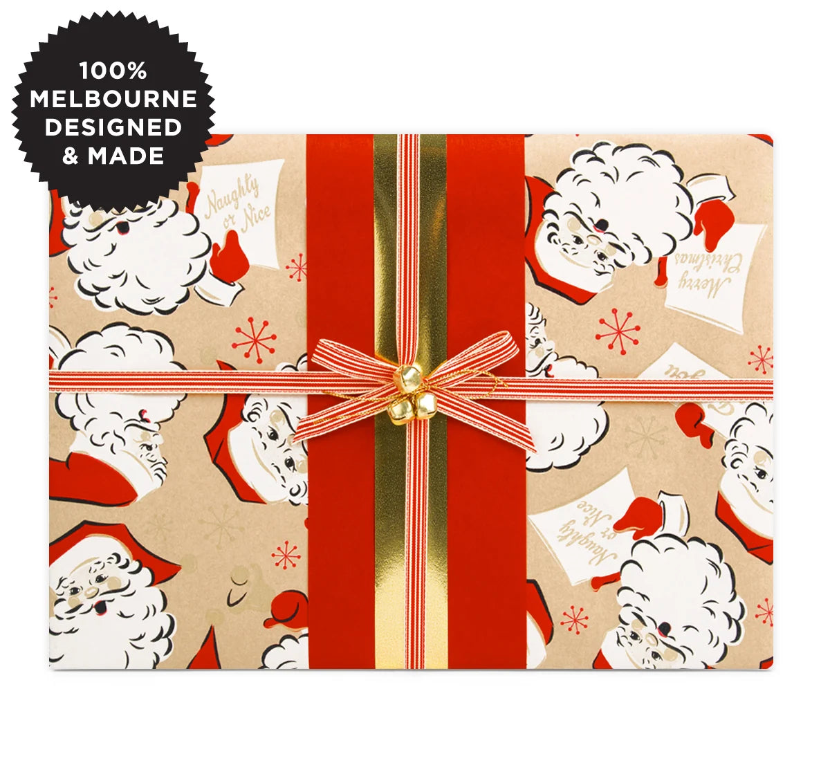 A Christmas present with santas and a red ribbon.