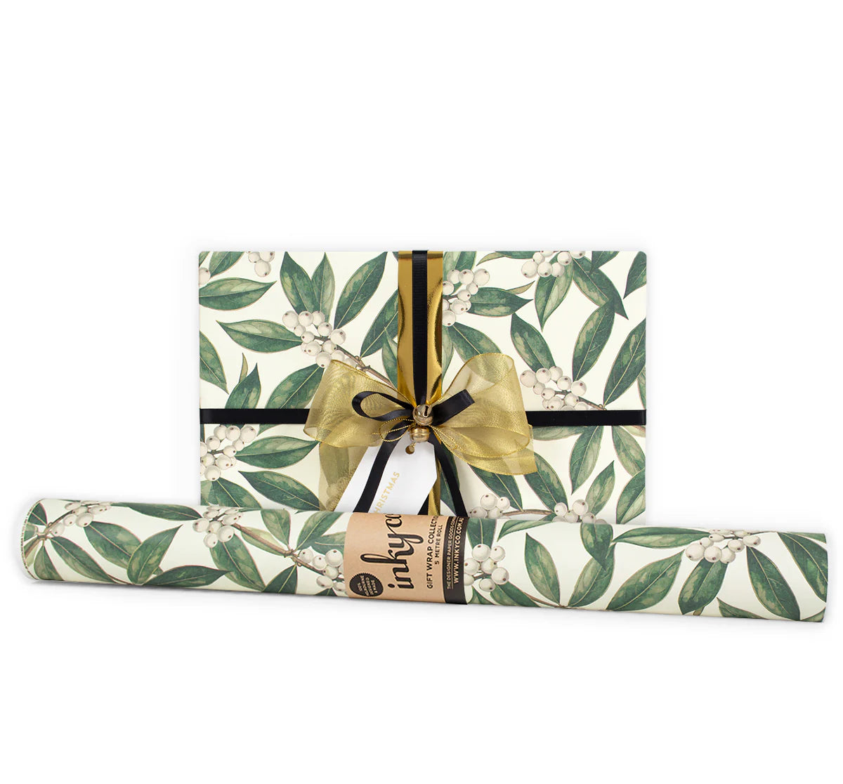 Roll of floral-patterned gift wrap with a gold ribbon and label on a white background