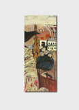 Vertical rectangular painting with birds and architectural elements on a textured background