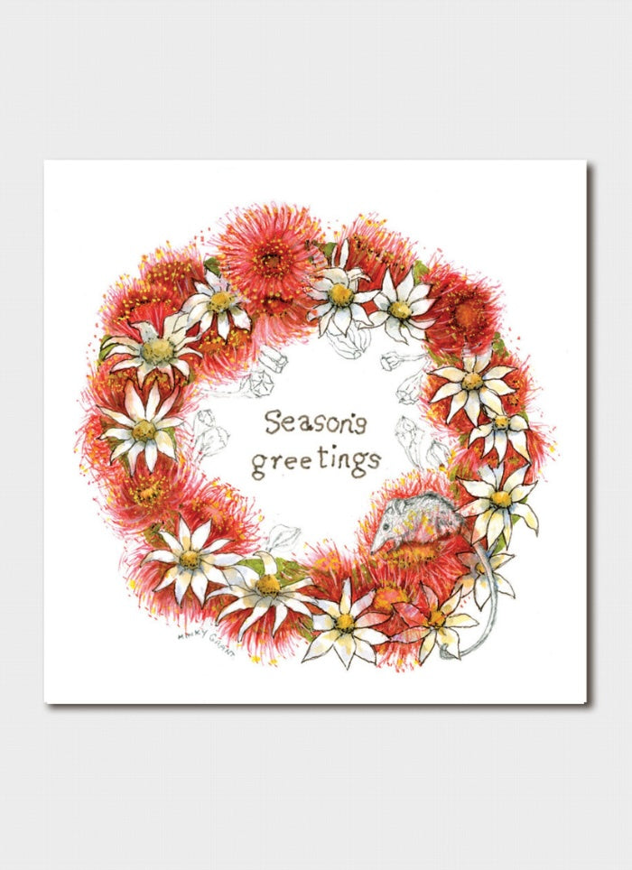 Floral wreath with 'Season's greetings' text on a white background