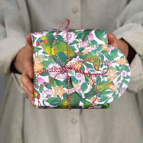 Earth Greetings Christmas Wrapping Paper & gift tag - Lorikeets & Lilly Pilly 
