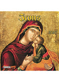 An Icons calendar front cover with a religious picture of a woman and child.
