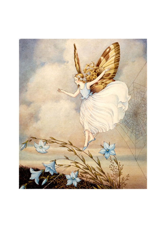 A vintage-style fairy illustration with a white dress, large brown and gold wings, and blue flowers in the foreground, shown as a square artwork centered on a white background.
