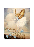 A vintage-style fairy illustration with a white dress, large brown and gold wings, and blue flowers in the foreground, shown as a square artwork centered on a white background.