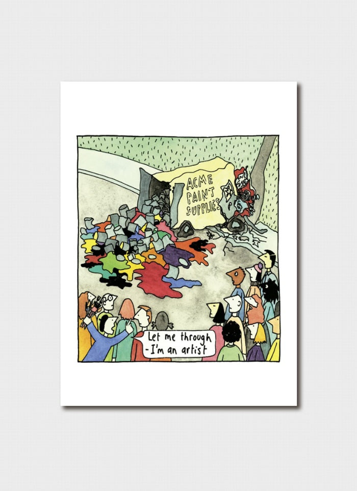 Cartoon-style illustration of a crowded room with text, on a white background