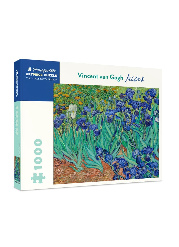 Art Pieces Puzzle box featuring Vincent van Gogh's 'Irises' on a white background