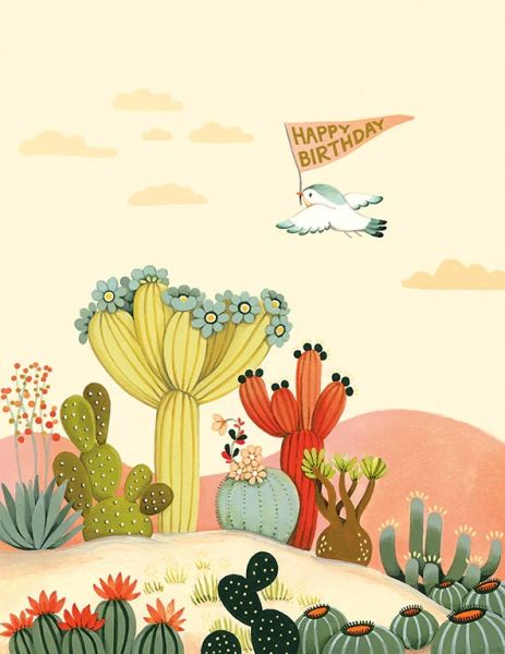 Birthday card with cactus in many colours and a bird flying over with a happy birthday flag.