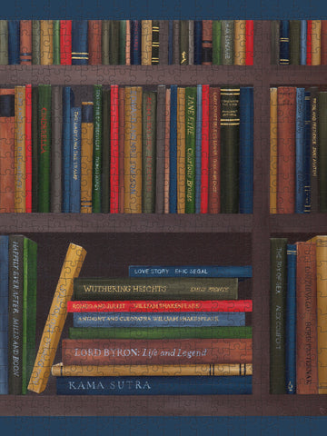 Bookshelf with various books stacked and arranged in a decorative manner against a blue background.