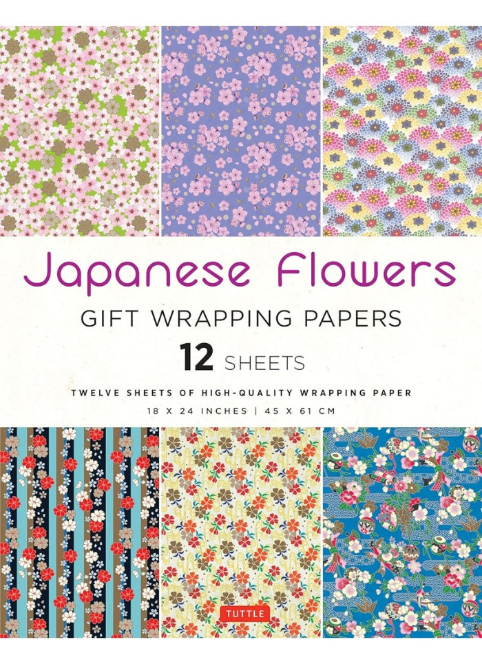 Set of Japanese flowers gift wrapping papers with various patterns on a white background.