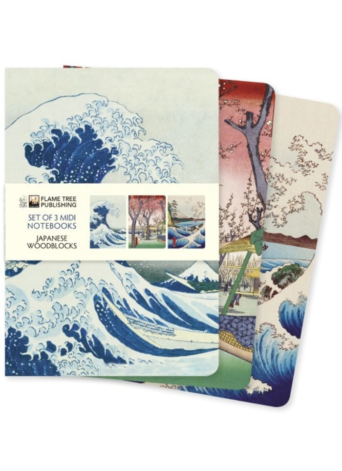 Set of 3 mini notebooks with Japanese woodblock design on a white background