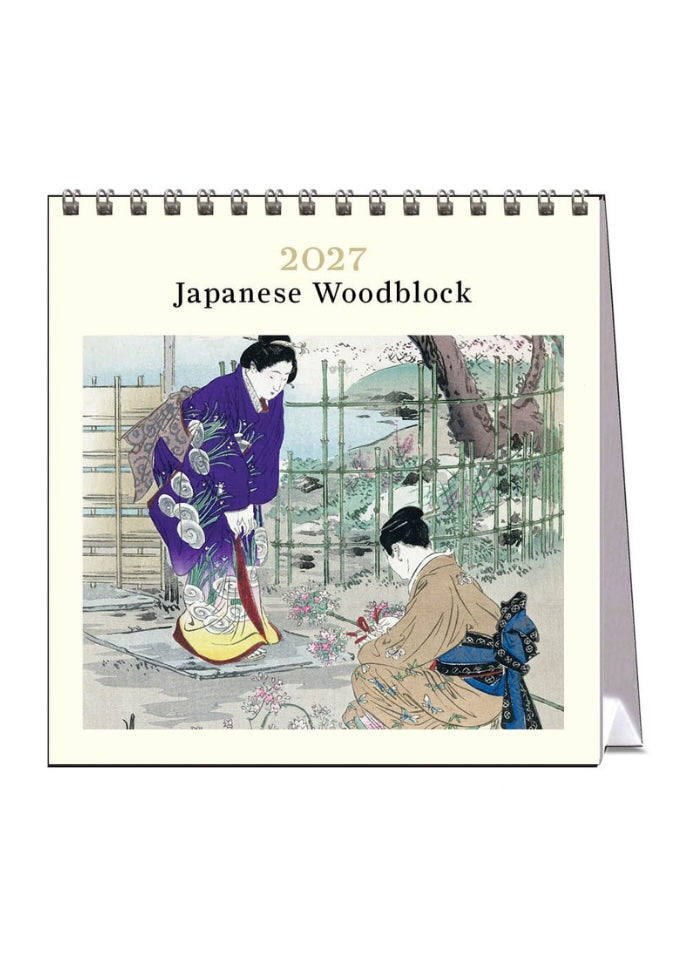 Calendar cover with Japanese woodblock design featuring two women in a garden, titled '2027 Japanese Woodblock'.