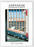 Calendar cover with Japanese woodblock print design featuring a cat and window view, titled 'Japanese Woodblock Prints 2027 Calendar'.