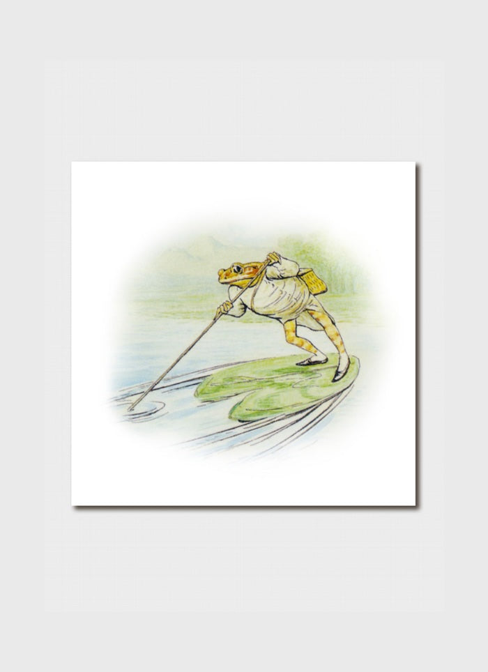 Illustration of a frog playing golf on a lily pad with a white background