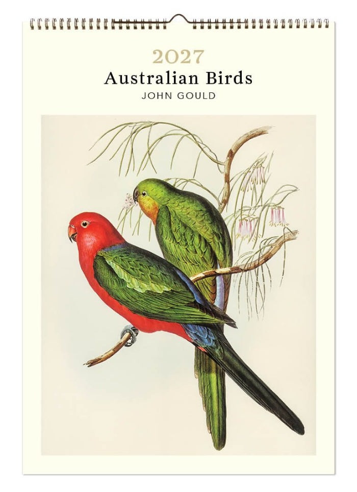 2027 Australian Birds calendar with John Gould illustration of two parrots on a branch.