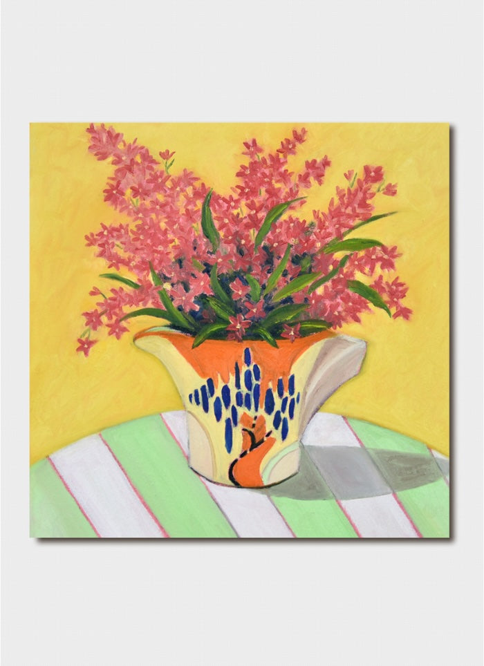 Painting of a teapot with pink flowers on a yellow background