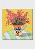 Painting of a teapot with pink flowers on a yellow background