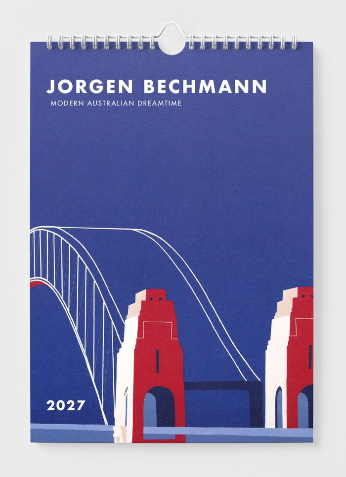 Calendar with a bridge design and 'Jorgen Bechmann' text on a blue background