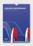 Calendar with a bridge design and 'Jorgen Bechmann' text on a blue background