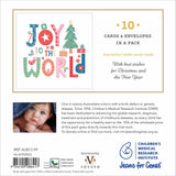 Christmas card packaging with 'Joy to the World' text and a baby photo, featuring Children's Medical Research Institute branding.
