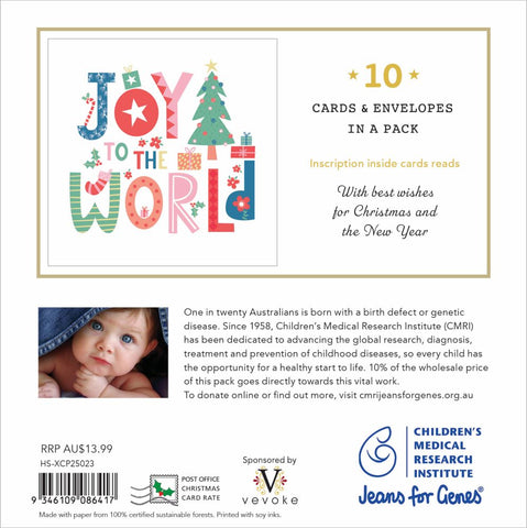 Christmas card packaging with 'Joy to the World' text and a baby photo, featuring Children's Medical Research Institute branding.