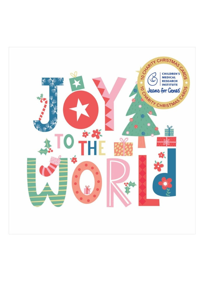 Christmas card with 'Joy to the World' text and festive graphics on a white background